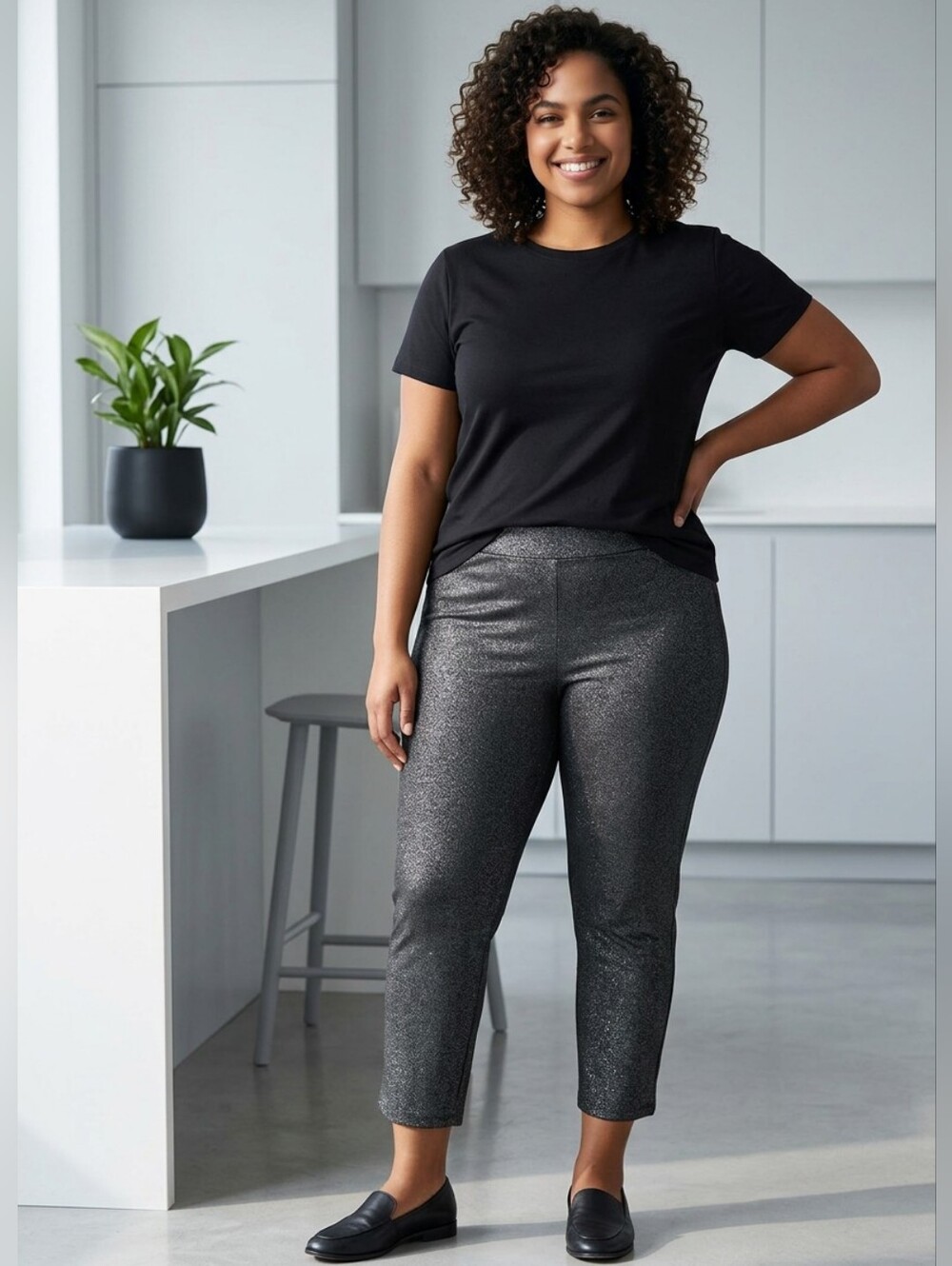 Attyre Brooke Sparkle Pants 18W Black Silver Ponte Pull On Ankle Career Festive